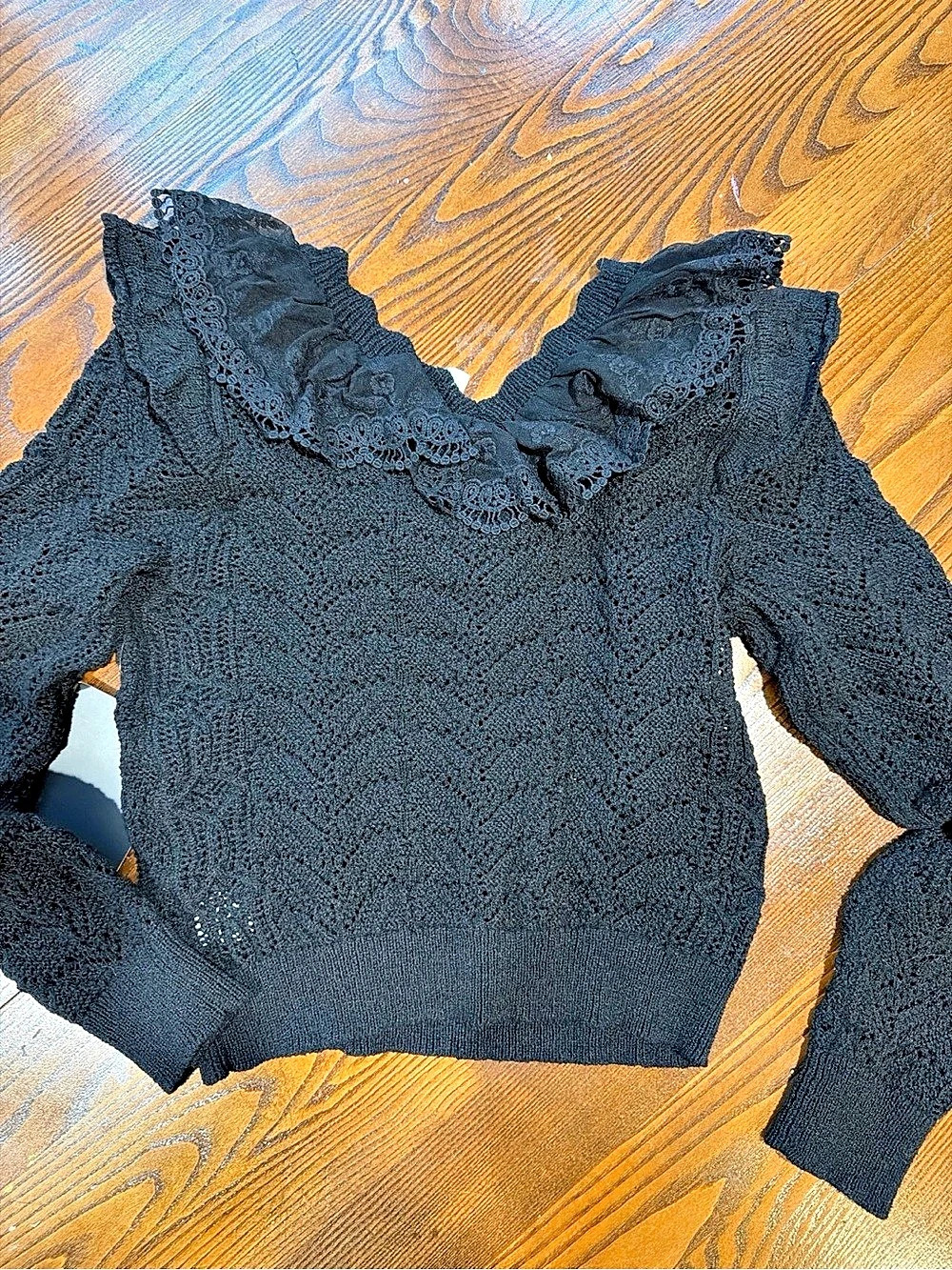 Hyacinth House Sherry Pointelle Knit Top Black Lace Neck Sweater Size Medium NWT
